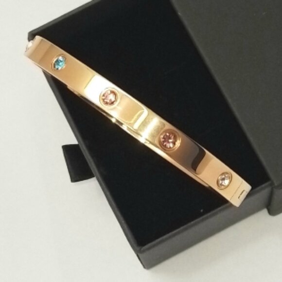 18k Gold Plated Bangle Bracelet with Colorful Cubic Zirconia 316l Steel Trendy - Picture 4 of 6